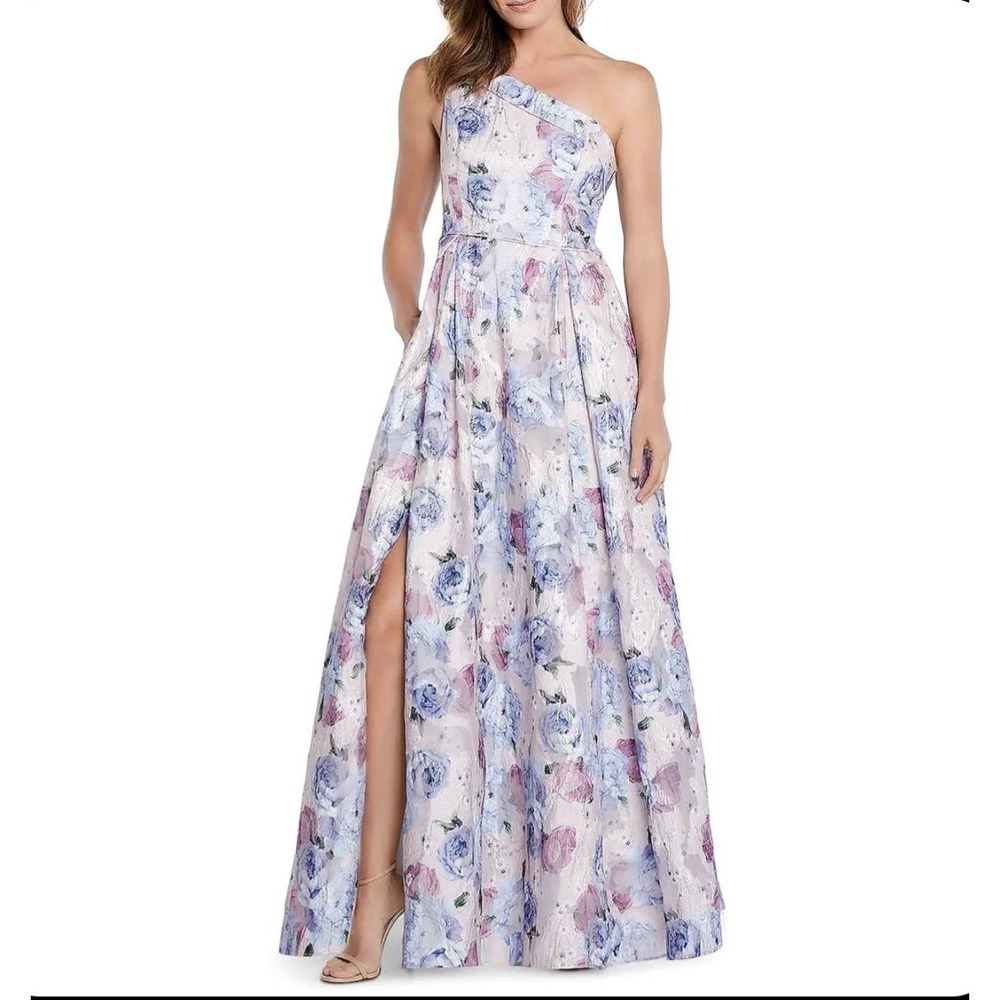 Aidan Mattox‎ Floral Print Crepe One-Shoulder Ball Gown Dress